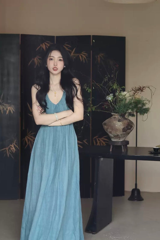 天青雨 气质国风挂脖吊带连衣裙 Elegant Chinese Style Halter Neck Suspender Dress