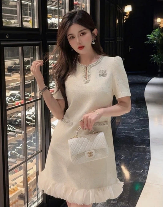 雅绣春光 夏季设计感小香风短袖连衣裙 Petite Fragrance Short Sleeve Dress