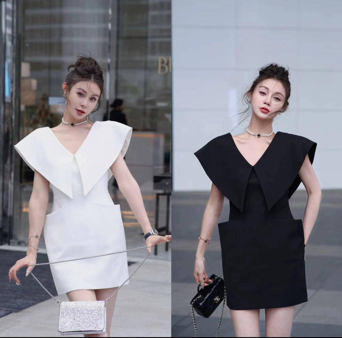 风华绝代 时尚气质大翻领口袋连衣裙 Stylish V-neck Pocket Dress