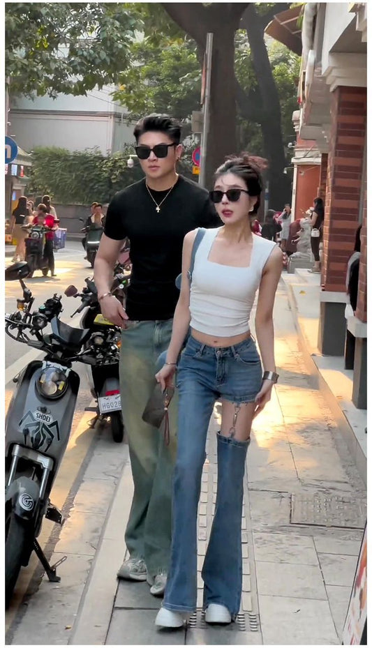 小晴空 法式方领吊带背心/牛仔长裤 French Square Neck Camisole/Denim Long Pants