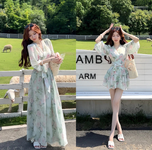青玉芙蓉系列 碎花系带长袖上衣/半裙  Floral Tie-Front Long-Sleeve Top/Skirt