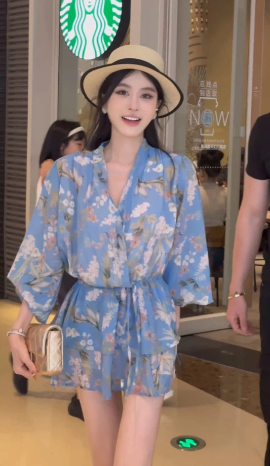 鸢尾之美 法式鸢尾长袖碎花连衣裙 Blue Iris Long Sleeve Floral Dress