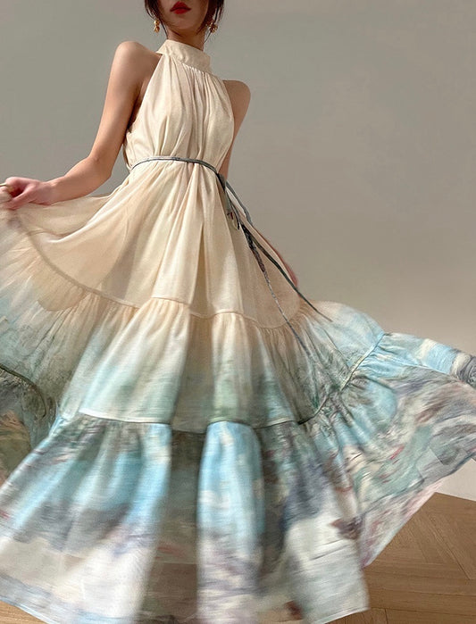 卢浮画映 新中式国风印花挂脖连衣裙  New Chinese Style Printed Halter Neck Dress