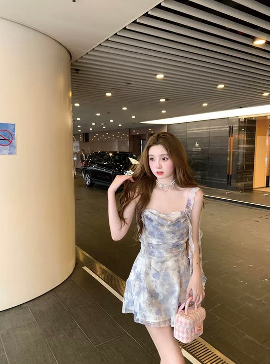 人鱼的眼泪 度假风荡领 碎花吊带连衣裙 Vacation Style Cowl Neck Floral Strap Dress