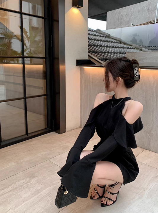 rose腔调 法式露肩性感挂脖连衣裙 French Off-shoulder Sexy Halter Dress