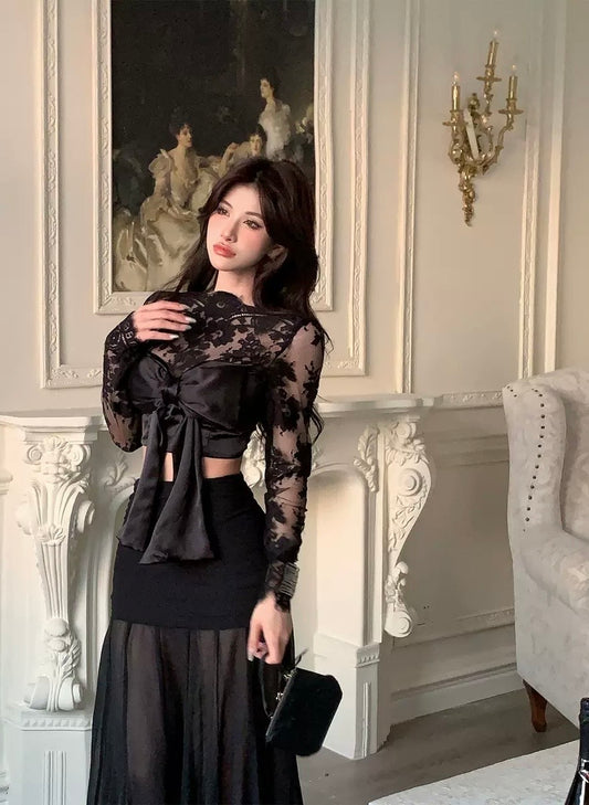 纤腰窈窕 法式蕾丝显瘦长袖上衣/包臀半裙 French Lace Slim-Fit Long Sleeve Top/Pencil Skirt