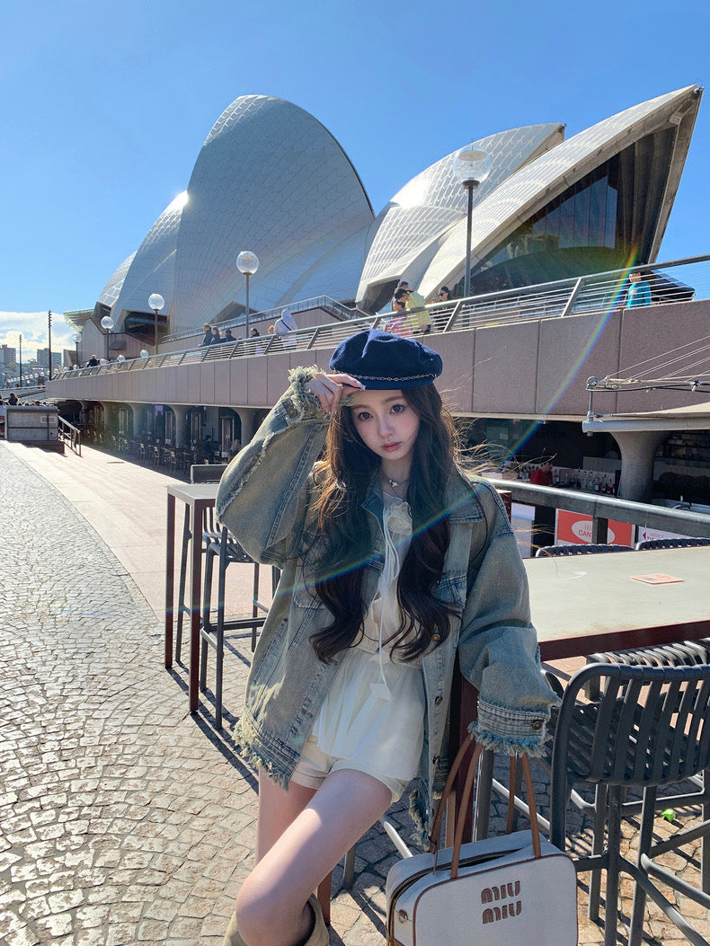 英式女高 Oversize复古水洗牛仔外套/牛仔半裙 Oversized Vintage Washed Denim Jacket/Denim Skirt