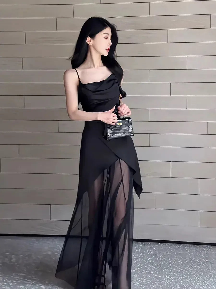 夏日来信 Summer’s Letter - Black Spaghetti Strap Mesh Panel Slim Fit Maxi Dress