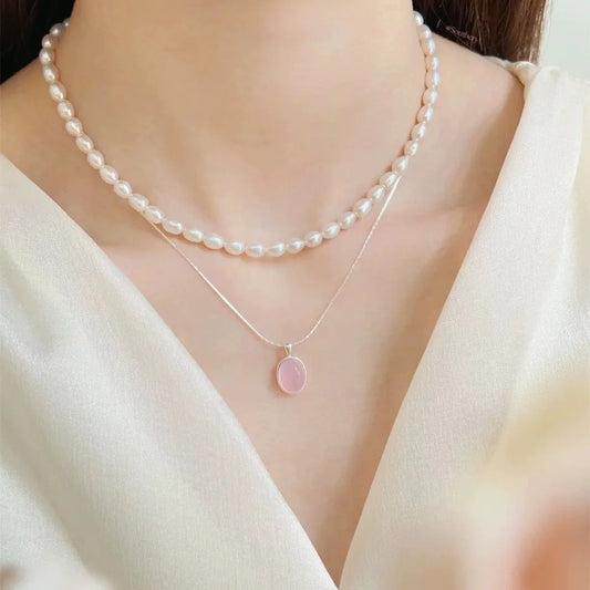 草莓星星 粉色草莓晶水晶椭圆吊坠项链 Strawberry Star Pink Strawberry Quartz Oval Pendant Necklace