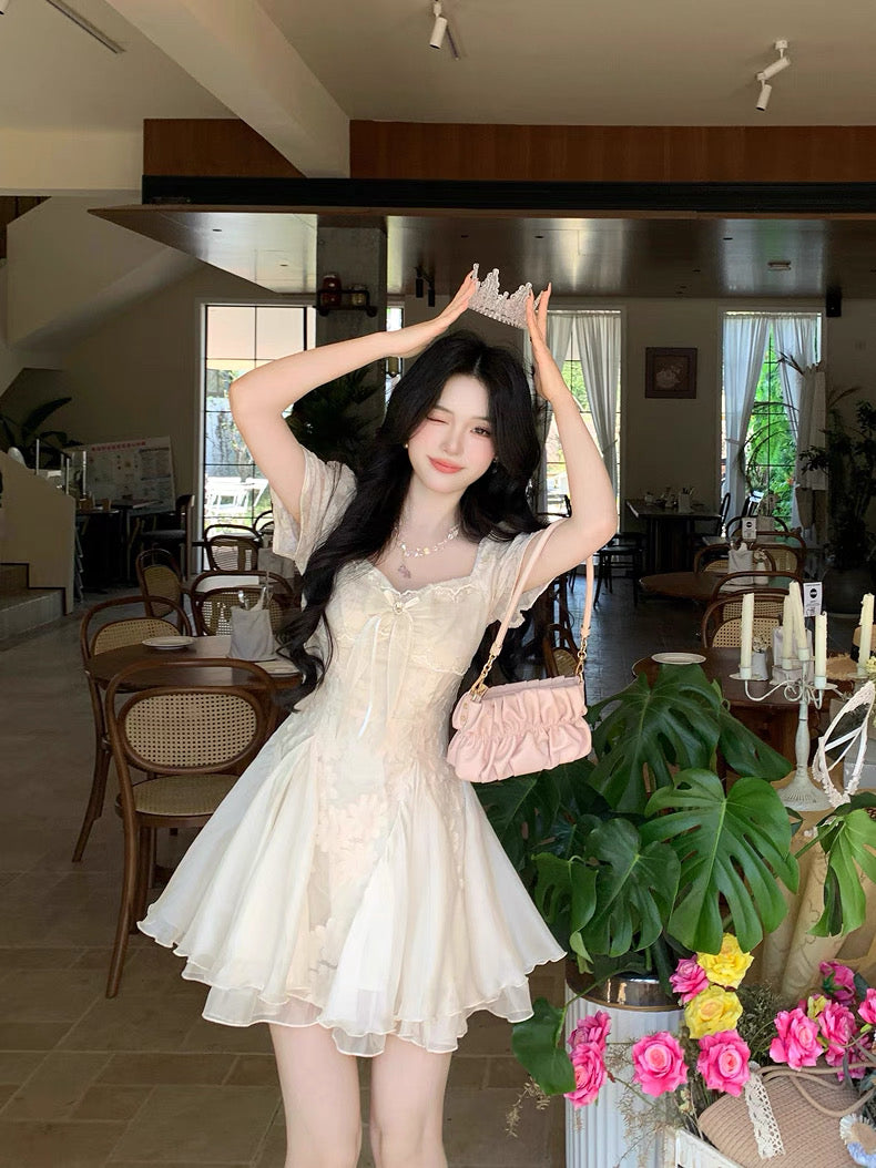 白茶与风 气质剪花蓬蓬网纱公主裙 White Tea and Wind Elegant Embroidered Tulle Princess Dress