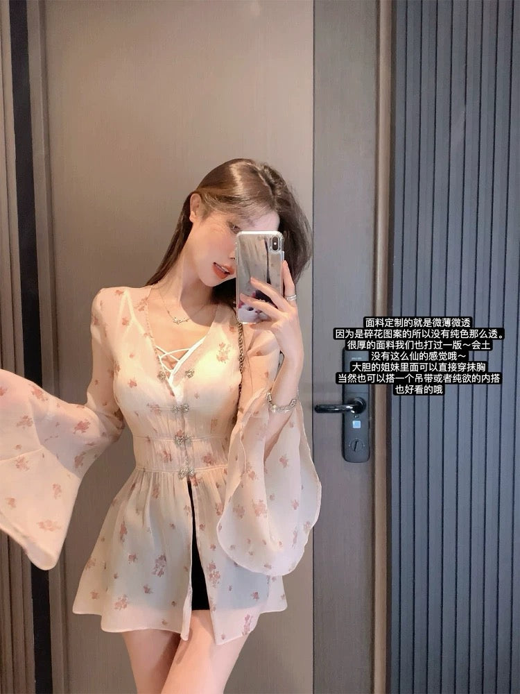 纱木梦境 夏装长袖收腰碎花衬衫 Summer Long-Sleeve Waist-Cinching Floral Shirt