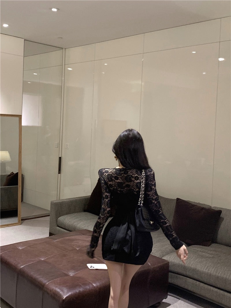 Moonlight Dress · V-Neck Heavily Sequined Long-Sleeve Lace Mermaid Dress - Short