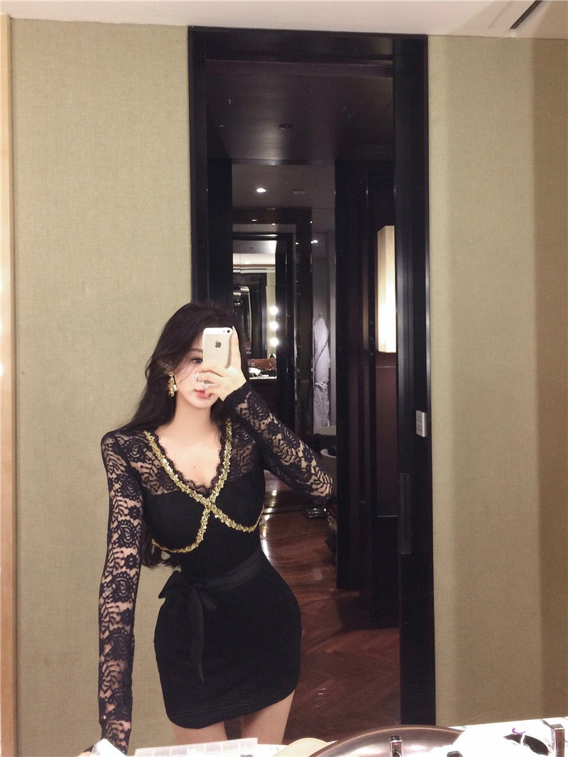 Moonlight Dress · V-Neck Heavily Sequined Long-Sleeve Lace Mermaid Dress - Short