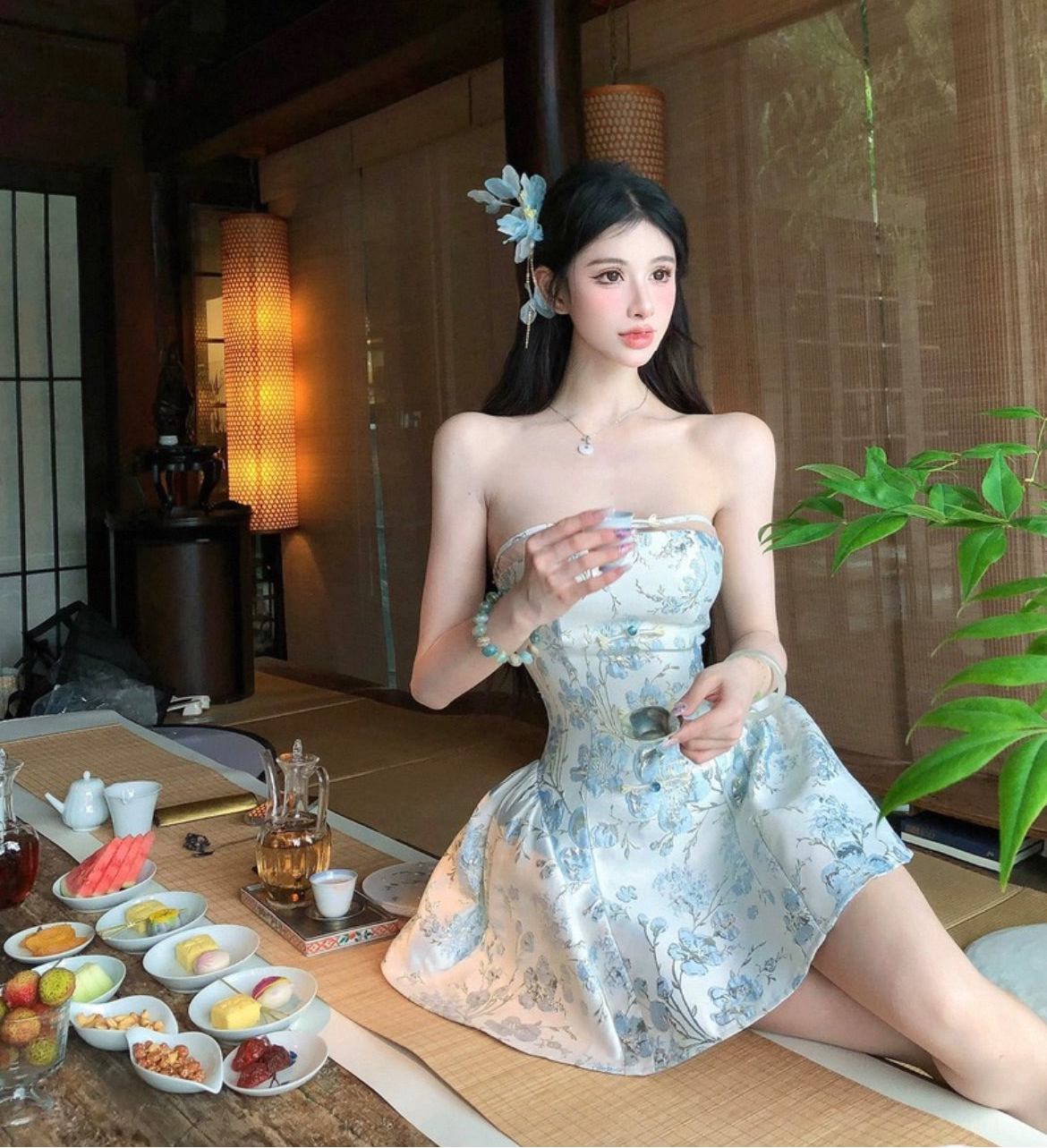 上海玉裳 新中式印花抹胸吊带连衣裙 Shanghai Yushang New Chinese Style Floral Print Strapless Camisole Dress