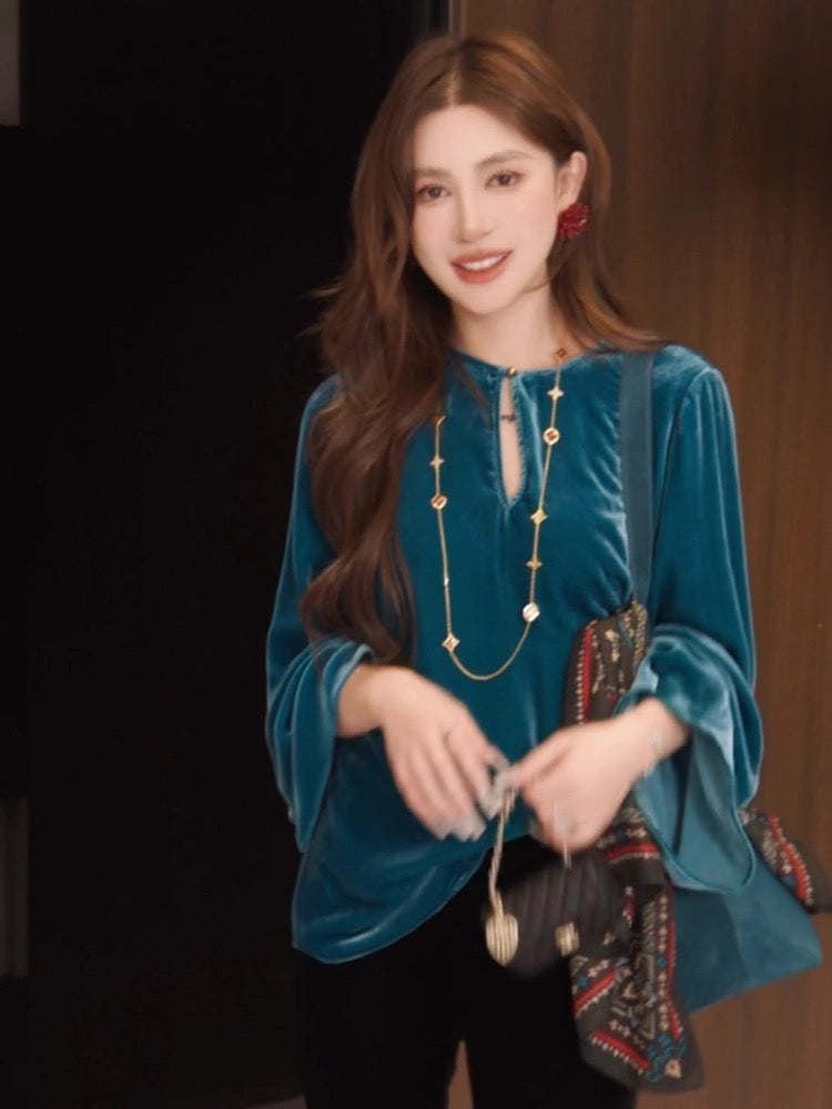 青玉案 新中式国风高级感金丝绒长袖上衣 Green Jade · New Chinese-Style Gold-Velvet Long-Sleeve Top