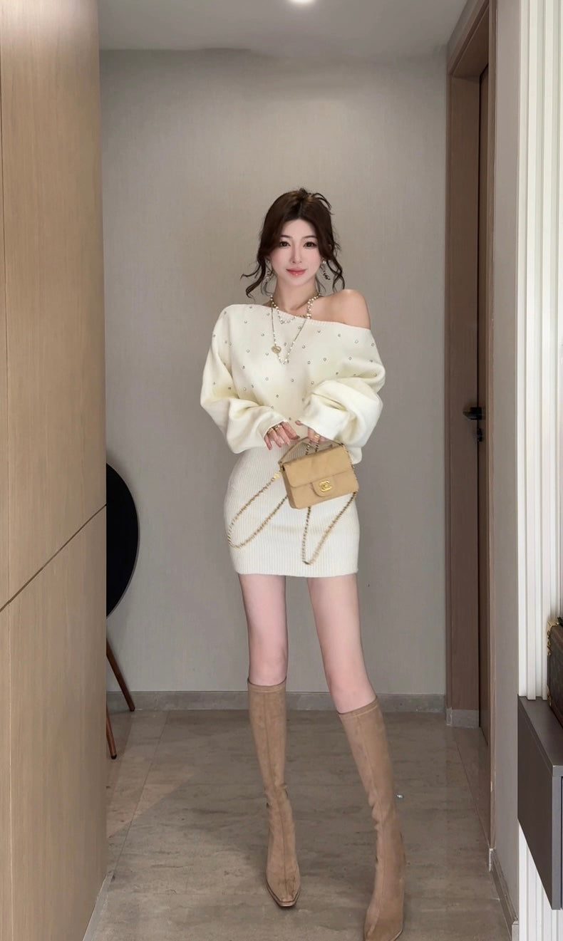 星闪流萤 复古带钻斜肩针织连衣裙 Starry Sparkle Firefly Vintage Rhinestone One-Shoulder Knit Dress
