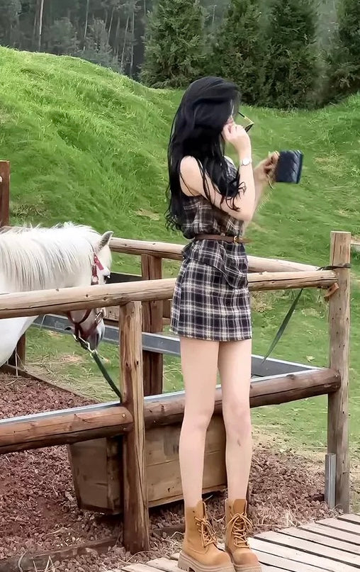 草原薇薇 复古格纹无袖送腰带套装 Prairie Vivi Vintage Plaid Sleeveless Set with Belt