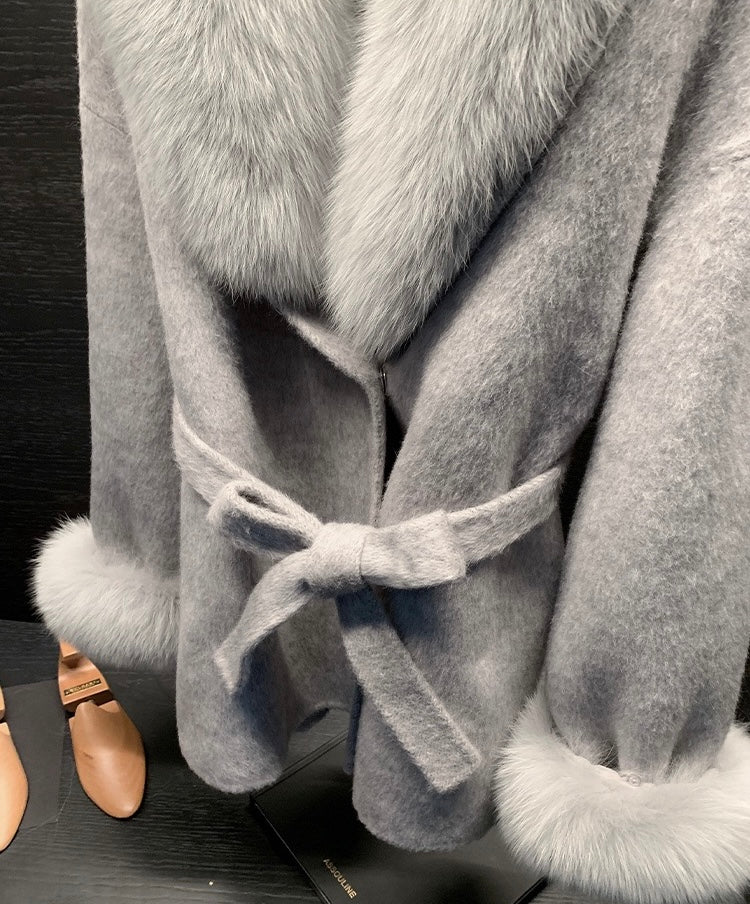 月影恋人 灰色双面呢羊绒狐狸毛皮草外套 Moon Shadow Lover Grey Reversible Wool-Cashmere Coat with Fox Fur Trim