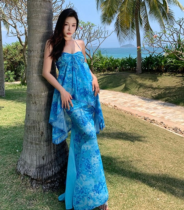 蓝调假日 挂脖吊带鱼尾连衣裙 Elegant Blue Holiday Halter Mermaid Dress