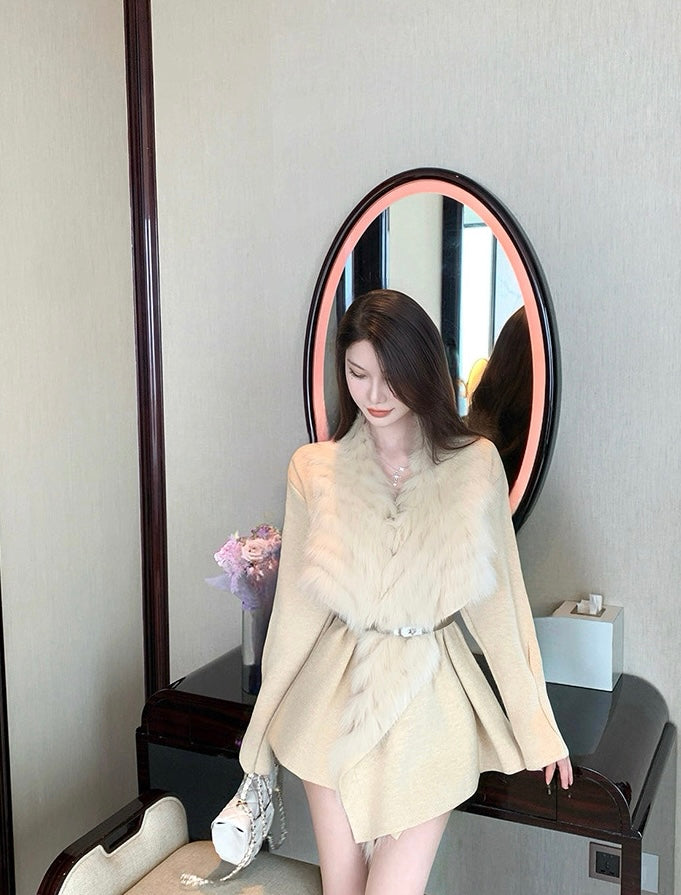 娇宠贵女 长款狐狸毛领收腰针织女外套 Pampered Noble Lady Long Knitted Coat with Fox Fur Collar and Waist Cinching