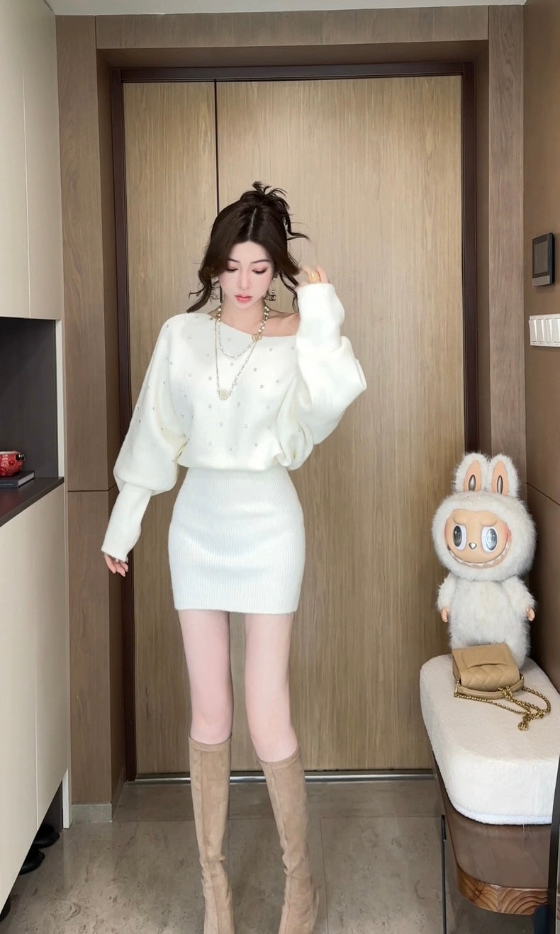 星闪流萤 复古带钻斜肩针织连衣裙 Starry Sparkle Firefly Vintage Rhinestone One-Shoulder Knit Dress