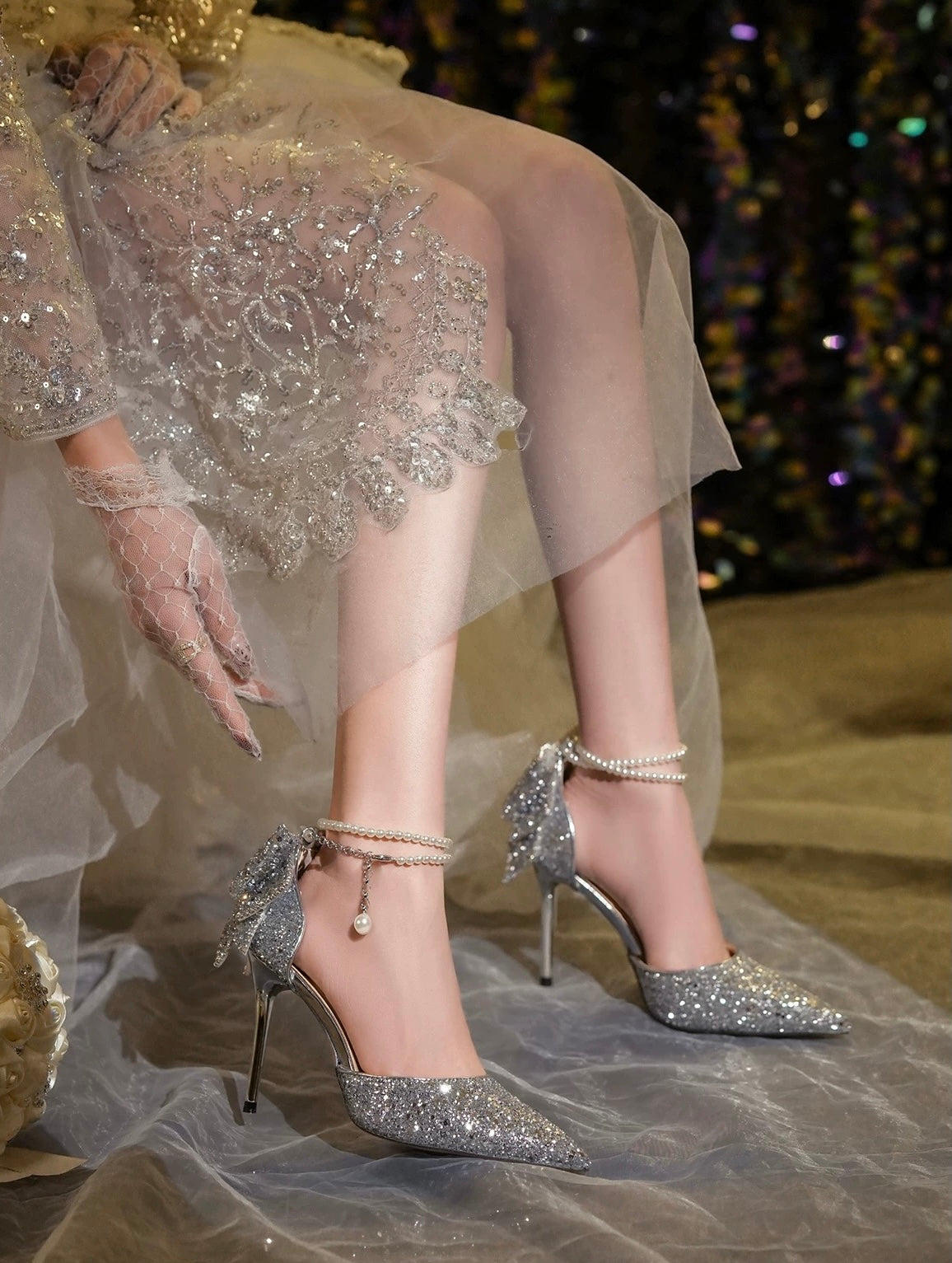 公主成年礼 亮片钻水晶蝴蝶结高跟鞋 Princess Coming-of-Age Sequin Crystal Bow High Heels