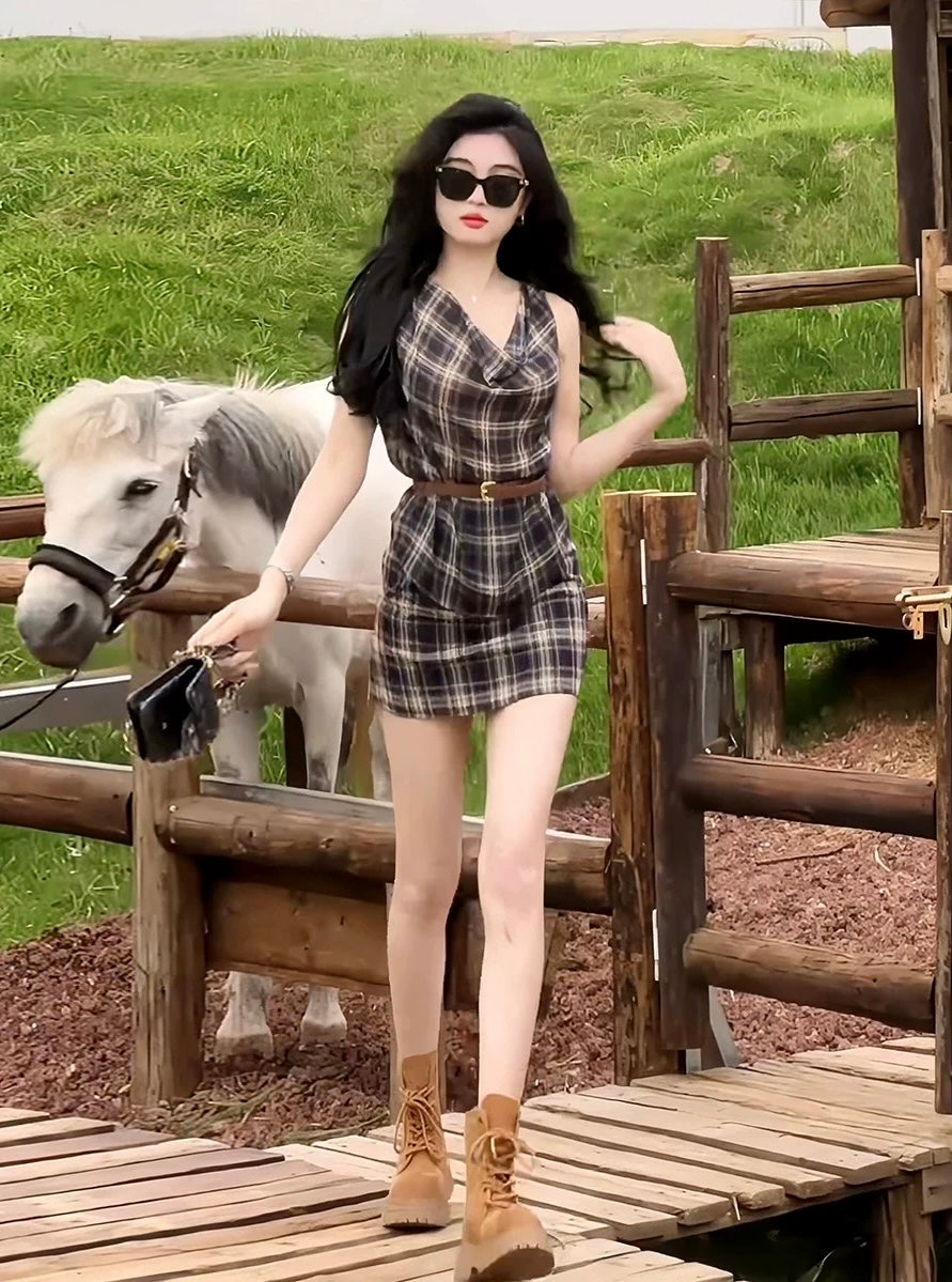 草原薇薇 复古格纹无袖送腰带套装 Prairie Vivi Vintage Plaid Sleeveless Set with Belt