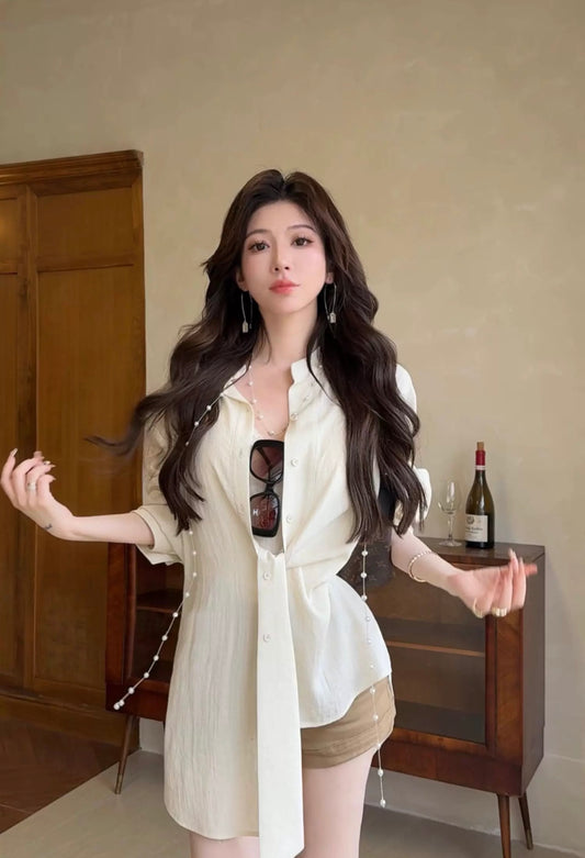 松弛老钱 立领宽松不规则长袖衬衫上衣 Relaxed Old Money Style Stand-Collar Loose Asymmetrical Long-Sleeve Shirt