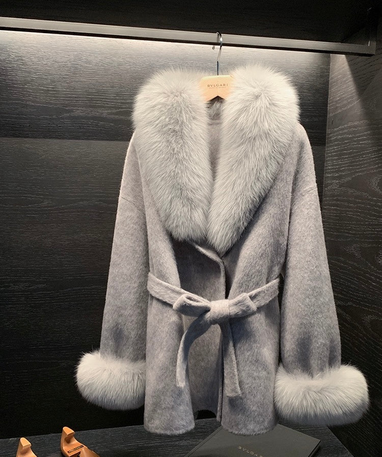 月影恋人 灰色双面呢羊绒狐狸毛皮草外套 Moon Shadow Lover Grey Reversible Wool-Cashmere Coat with Fox Fur Trim