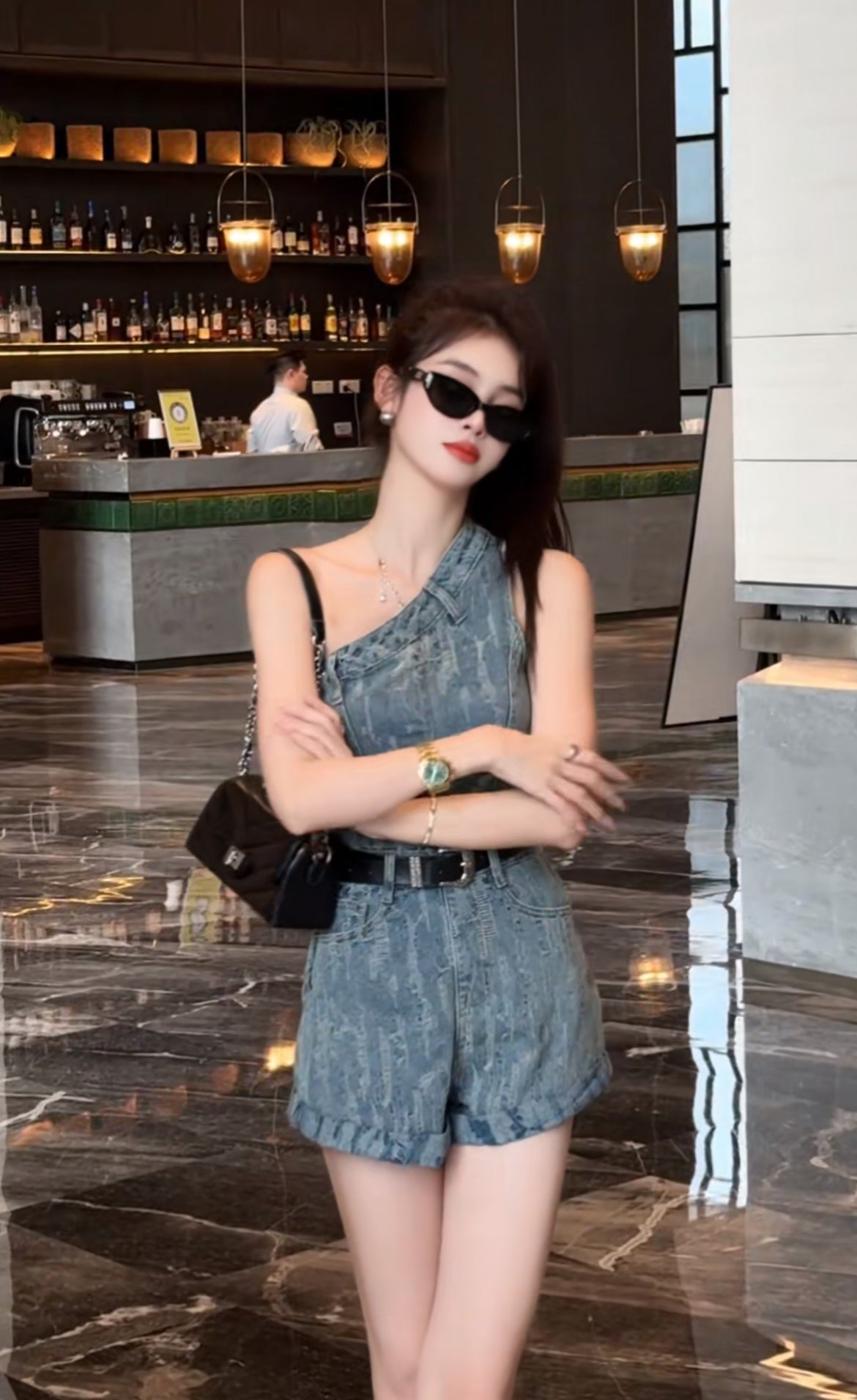牧羊少女 斜肩设计感牛仔连体裤 Shepherd Girl Off-Shoulder Stylish Denim Jumpsuit