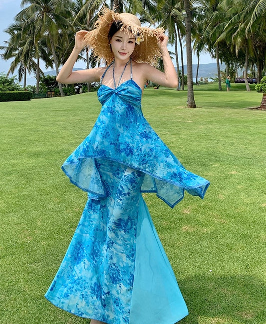 蓝调假日 挂脖吊带鱼尾连衣裙 Elegant Blue Holiday Halter Mermaid Dress