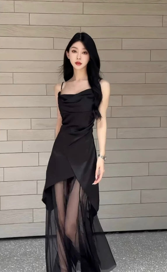 夏日来信 Summer’s Letter - Black Spaghetti Strap Mesh Panel Slim Fit Maxi Dress