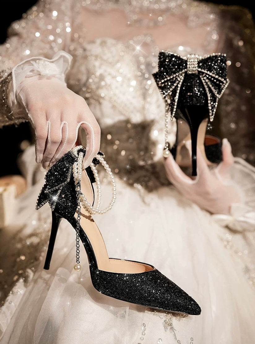 公主成年礼 亮片钻水晶蝴蝶结高跟鞋 Princess Coming-of-Age Sequin Crystal Bow High Heels