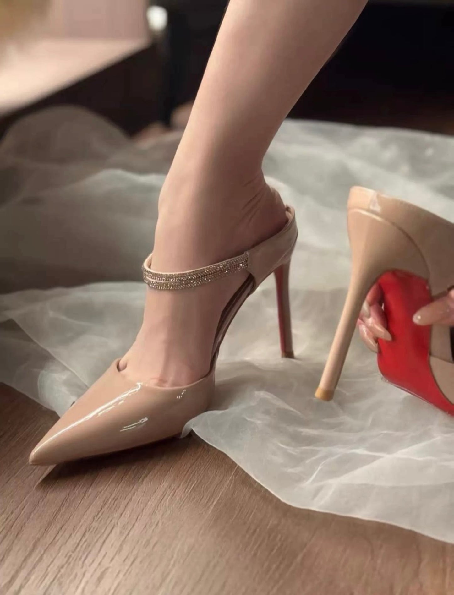 公主殿下 尖头水钻粉色两穿高跟鞋 Princess-Style Pointed Toe Rhinestone Pink Two-Way Heels