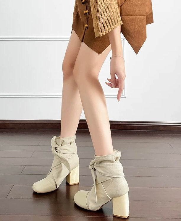 小羊皮圆头粗跟绑带短靴女鞋 Lambleather Round-Toe Chunky-Heel Lace-Up Ankle Boots
