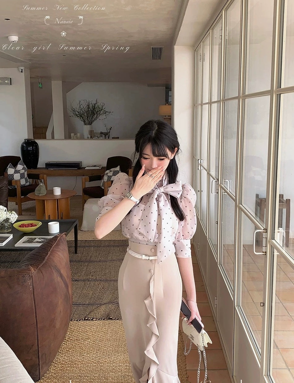 甜蜜水仙 灯笼袖微透波点不规则半裙套装