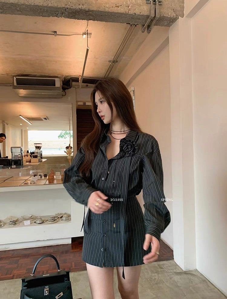 花花朵朵 条纹玫瑰花套装衬衫 Floral Striped Rose Print Set Shirt