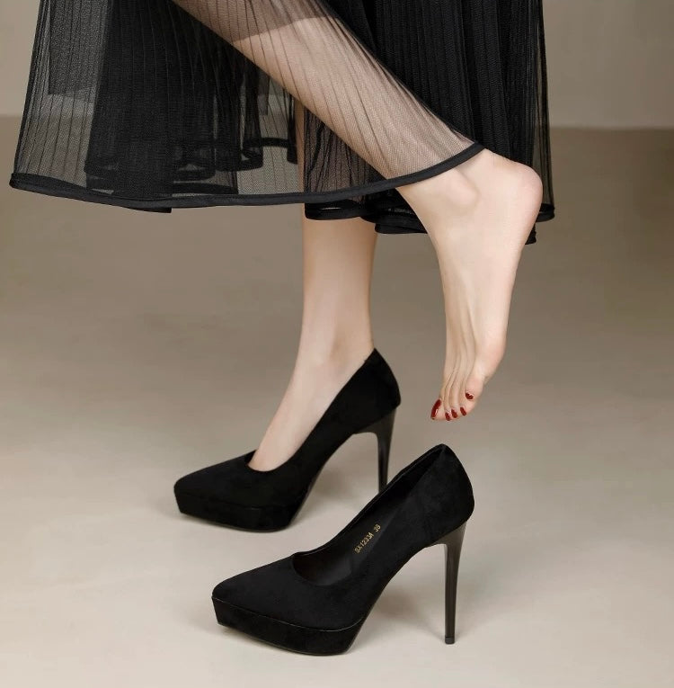 绒面细跟性感防水台黑色高跟鞋 Black Suede Sexy Stiletto Platform Heels