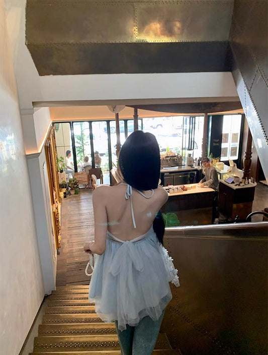 蓝色精灵 立体花朵挂脖吊带连衣裙 Blue Fairy 3D Floral Halter Neck Cami Dress