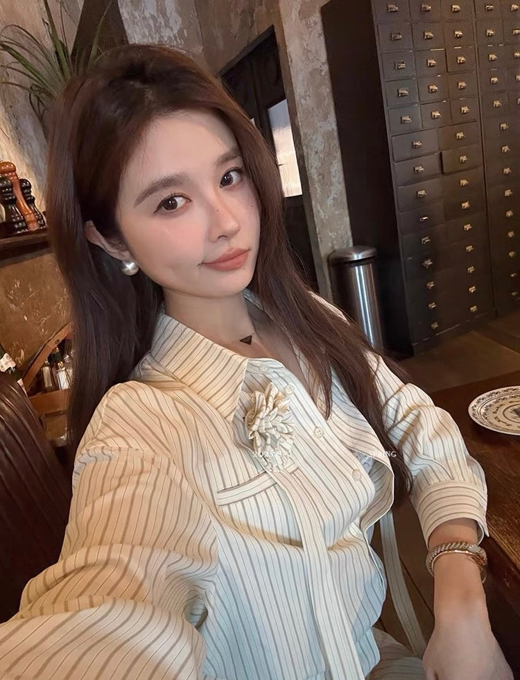 花花朵朵 条纹玫瑰花套装衬衫 Floral Striped Rose Print Set Shirt