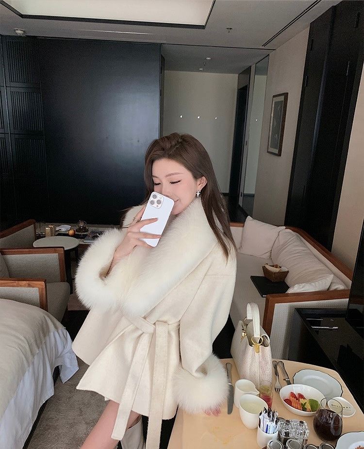 月影恋人 灰色双面呢羊绒狐狸毛皮草外套 Moon Shadow Lover Grey Reversible Wool-Cashmere Coat with Fox Fur Trim