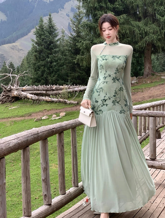 青山雾 长袖新中式温婉清雅旗袍 Qingshanwu Long-Sleeve New Chinese-Style Elegant Cheongsam