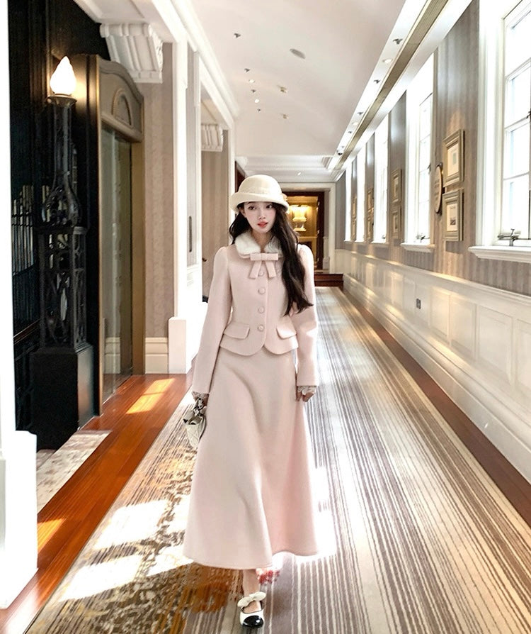 炸鸡欧尼 粉色毛呢外套高腰a字半身裙套装 Pink woolen coat and high-waisted A-line skirt set