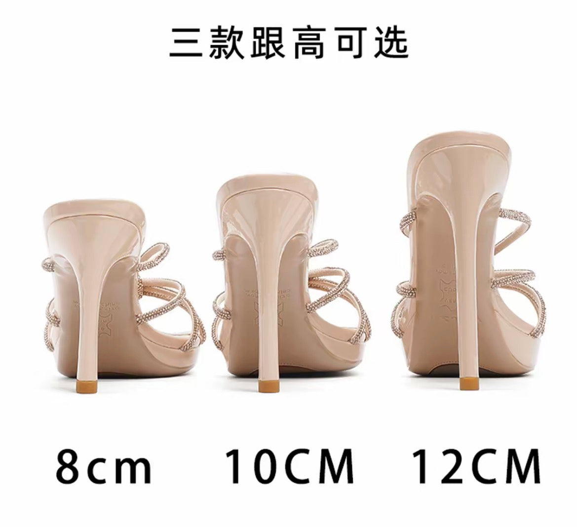 璀璨星河 12CM水钻防水台细高跟 Nude Rhinestone Stiletto Slides Platform Heels