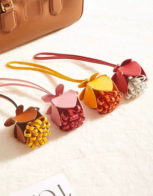 Sunflower Genuine Leather Flower Tassel Bag Charm - Pink