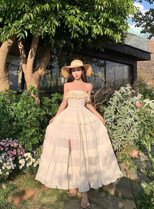 满天星辰 抹胸吊带花边连衣裙 Starry Sky Lace Trim Strapless Spaghetti Strap Dress