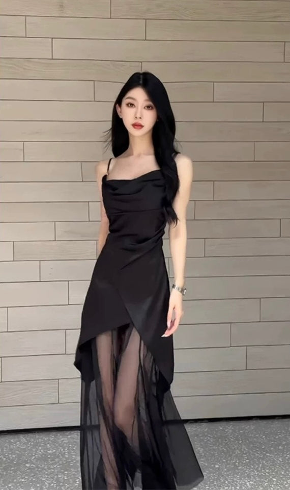 夏日来信 Summer’s Letter - Black Spaghetti Strap Mesh Panel Slim Fit Maxi Dress