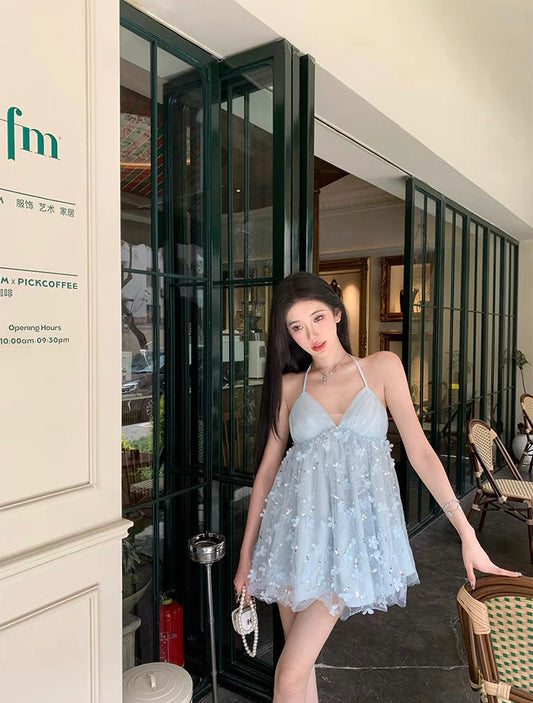 蓝色精灵 立体花朵挂脖吊带连衣裙 Blue Fairy 3D Floral Halter Neck Cami Dress
