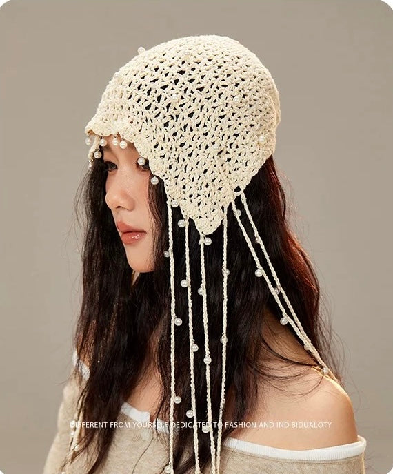 米亚的风 珍珠流苏手工钩花头饰帽子 Mia’s Breeze Handmade Crochet Floral Headpiece Hat with Pearl Tassels