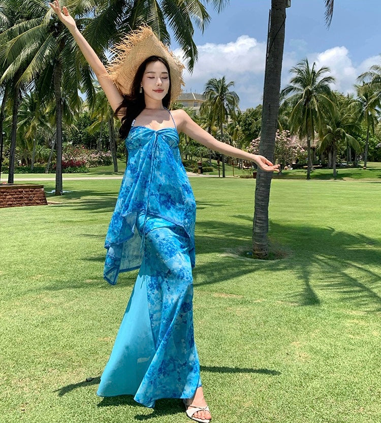 蓝调假日 挂脖吊带鱼尾连衣裙 Elegant Blue Holiday Halter Mermaid Dress